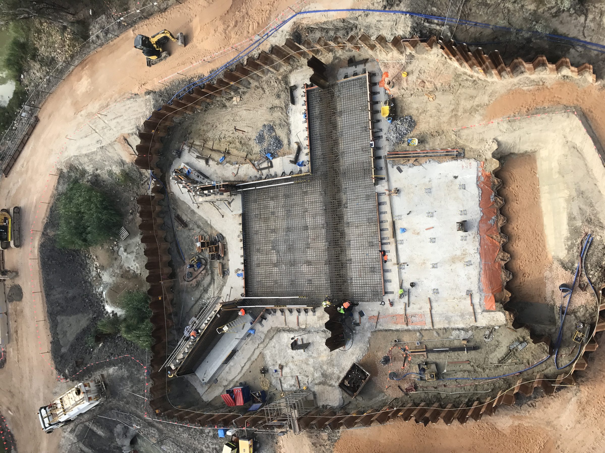 Major concrete structure under construction, from the air